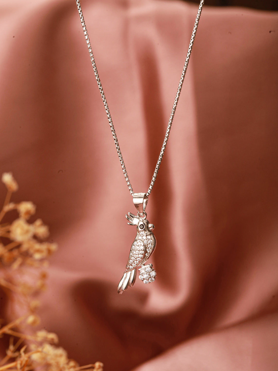 925 Sterling Silver CZ Studded Bird Shaped Charms Pendant Necklace & Chain